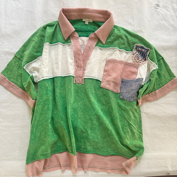 Oli & Hali washed patch varsity collar Green Pink Patchwork Jersey Top - Picture 3 of 8